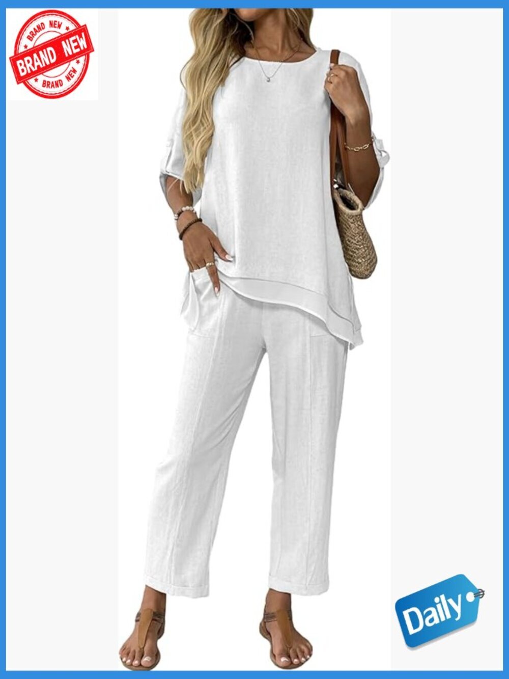 Linen Blend 2 Piece Outfit 3/4 Sleeve Top Capris Pants Set Lounge